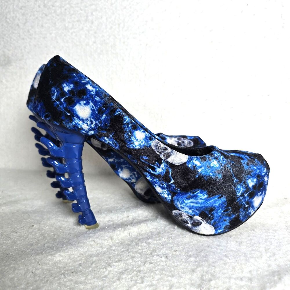 Show Story Blue Skull Bone Spine Platform Stiletto High Heels Pumps RARE 10.5